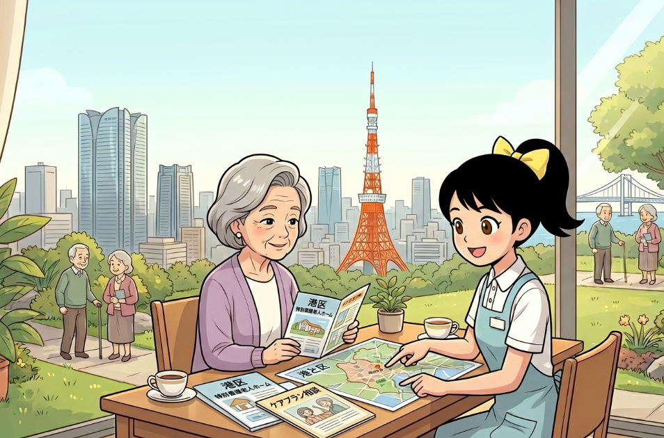 東京タワーや高層ビル群が見える大きな窓辺の席で、案内役のキャラクター『ススメちゃん』と高齢女性がテーブルを囲んでいるイラスト。テーブルには港区の地図や『港区 特別養護老人ホーム』『ケアプラン相談』と書かれたパンフレットが広げられ、ススメちゃんが笑顔で地図を指差し、女性が安心した表情で話を聞いている。窓の外の公園では他の高齢者たちが散歩をしている。