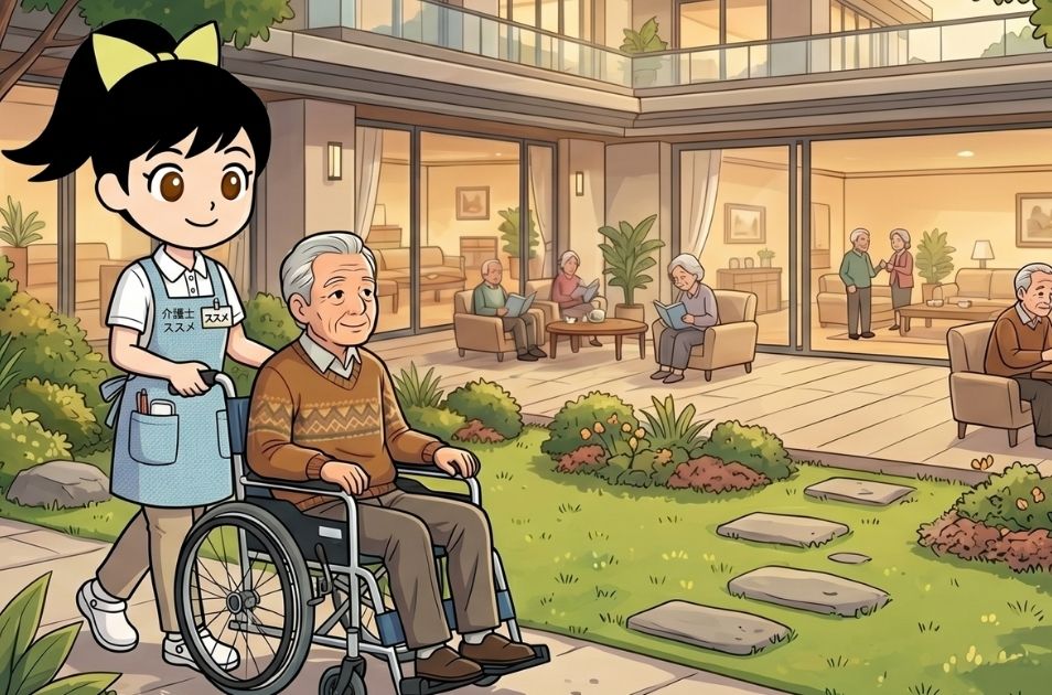 緑豊かな介護施設の中庭で、介護士姿のキャラクター『ススメちゃん』が笑顔の高齢男性の車椅子を押しているイラスト。背景のテラスや明るい屋内では、他の高齢者たちが読書や談笑をして穏やかに過ごしている。