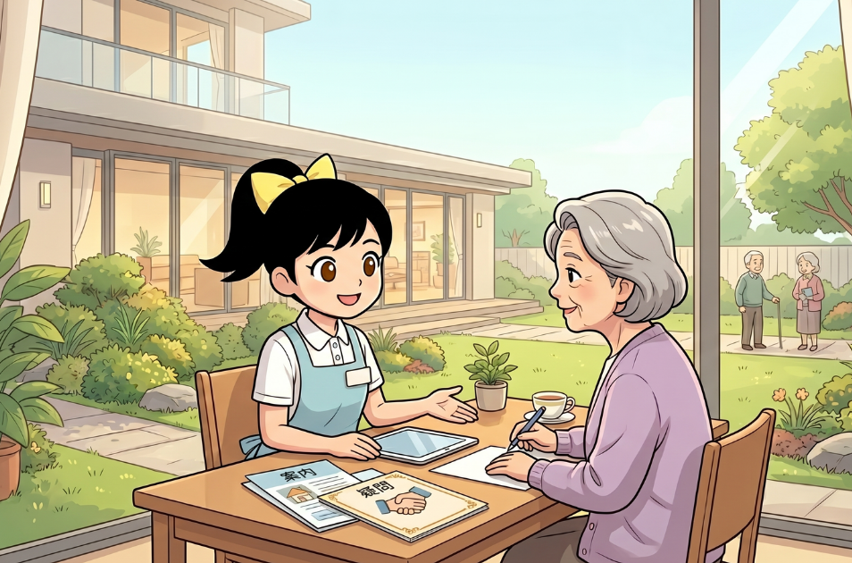 明るい介護施設の一室で、エプロン姿の案内役『ススメちゃん』と高齢女性がテーブルを囲んで座っているイラスト。テーブルにはタブレットや『案内』と書かれたパンフレットが置かれ、ススメちゃんが笑顔で説明し、女性が安心した表情で書類にペンで記入している。窓の外の緑豊かな庭では、他の高齢者が穏やかに散歩している。