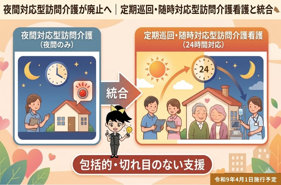 夜間対応型訪問介護が廃止へ｜定期巡回・随時対応型訪問介護看護と統合へを表す画像