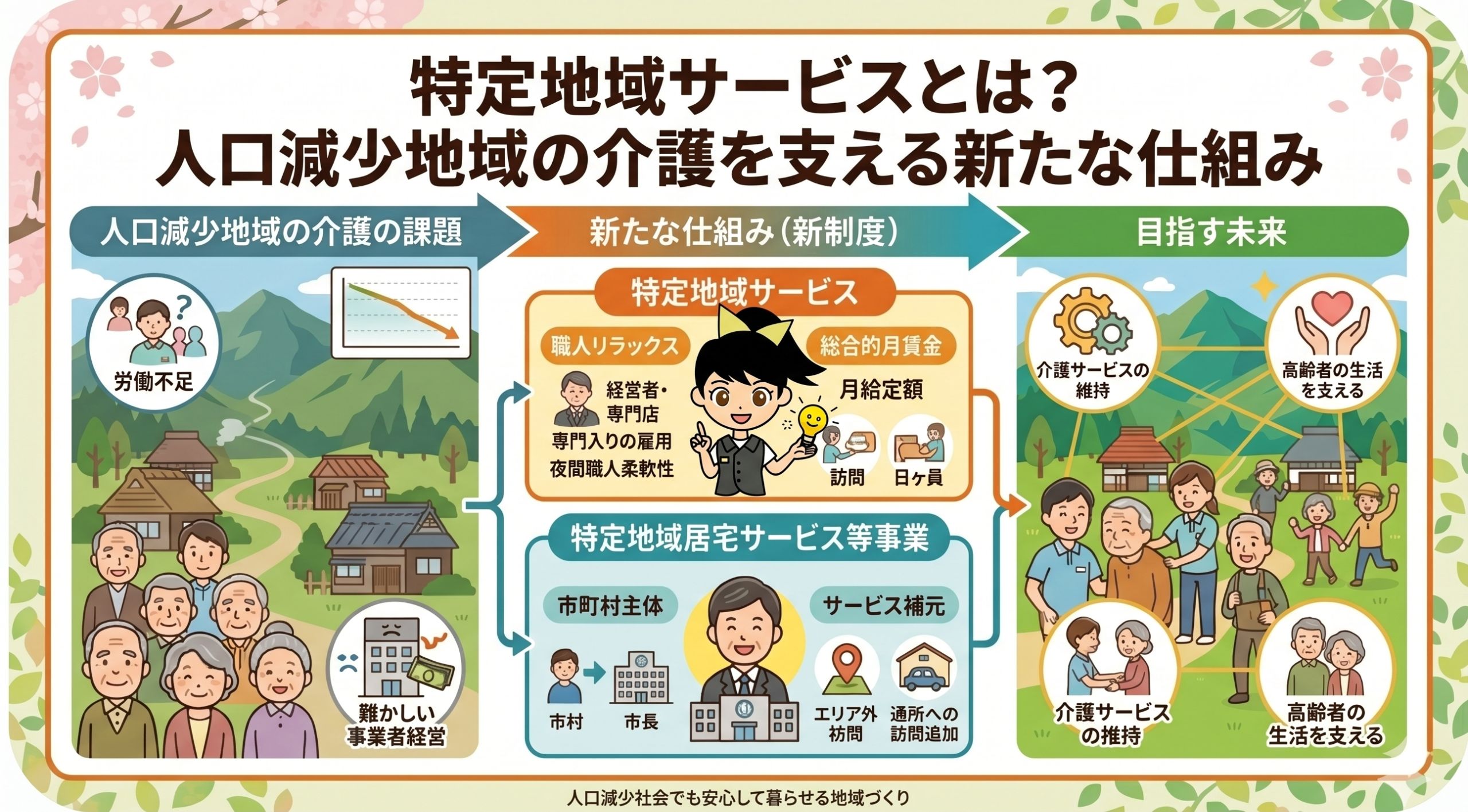 特定地域サービスとは？人口減少地域の介護を支える新たな仕組みをわかりやすく解説を表す画像