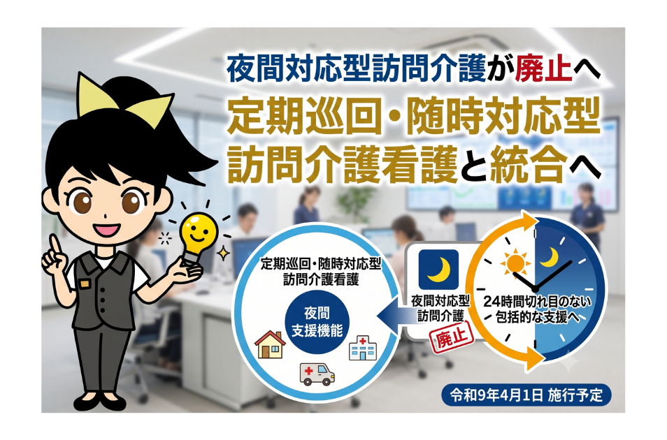 夜間対応型訪問介護が廃止へ｜定期巡回・随時対応型訪問介護看護と統合へを表す画像