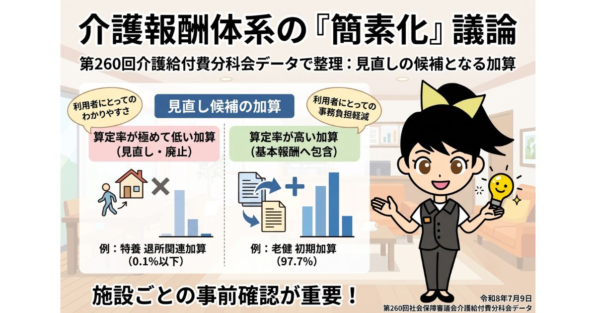 次期改定で見直される？ 算定率が極めて低い加算・高い加算を一覧で整理を表す画像