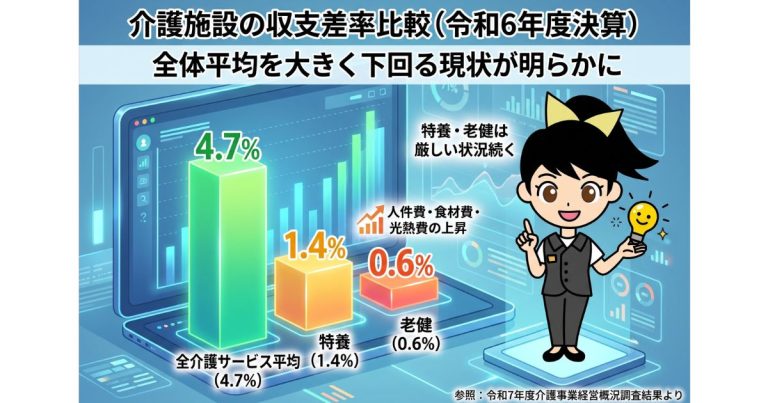 特養の収支差率1.4%、老健は0.6%──令和6年度決算にみる介護施設の経営実態を表す画像