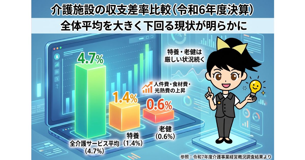特養の収支差率1.4%、老健は0.6%──令和6年度決算にみる介護施設の経営実態を表す画像