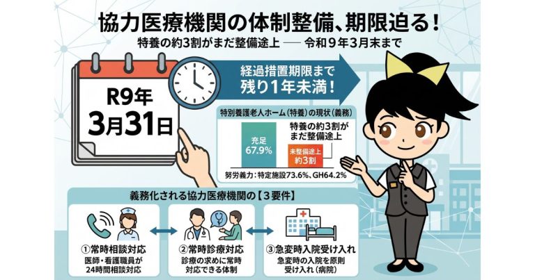 協力医療機関の体制整備、経過措置期限まで残り1年を切る ── 特養の約3割がまだ整備途上を表す画像