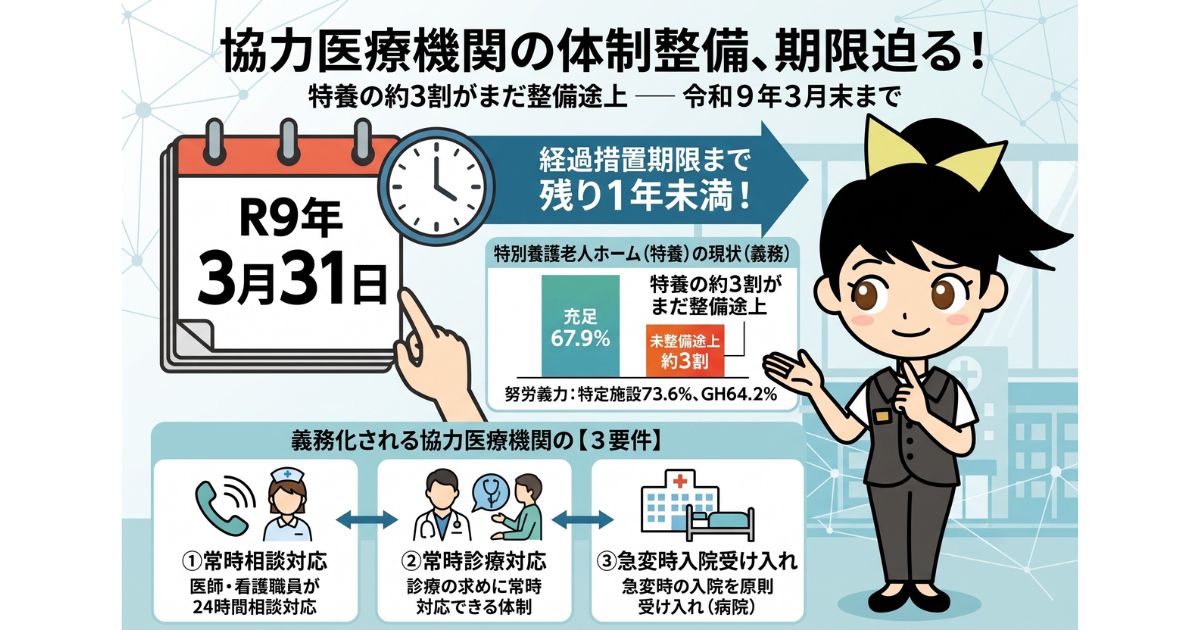 協力医療機関の体制整備、経過措置期限まで残り1年を切る ── 特養の約3割がまだ整備途上を表す画像