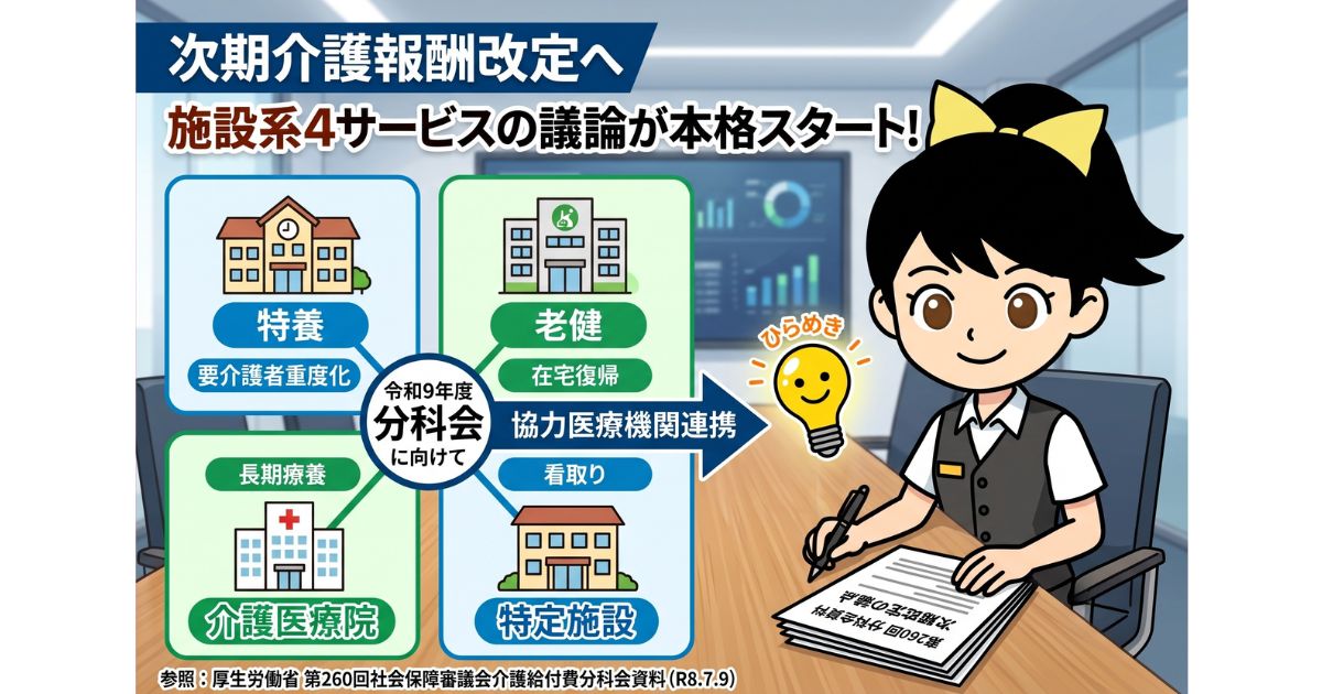 次期介護報酬改定に向け、施設系4サービスの議論が本格スタート ── 第260回介護給付費分科会を表す画像