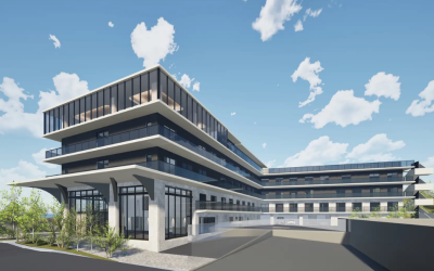 ベネッセの有料老人ホーム「メディカルホームグランダあやめ池駅前」の建物外観イメージ。青空に映えるモダンなガラス張りのテラスが特徴。