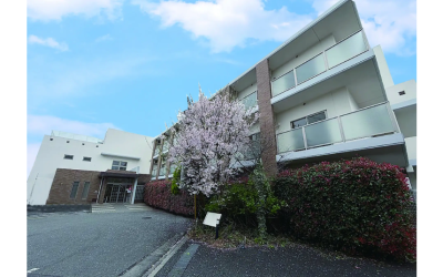 青空の下、満開の桜の木と手入れされた植え込みがある、医療支援型住宅「メディホス板橋」（住宅型有料老人ホーム）の建物の外観画像。