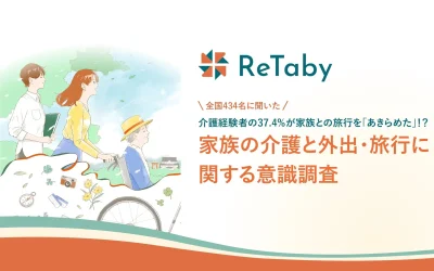 左側に車椅子に乗る高齢女性と家族が楽しく旅行をしている水彩風のイラスト、右側に『ReTaby』のロゴとともに『＼全国434名に聞いた／介護経験者の37.4%が家族との旅行を「あきらめた」！？ 家族の介護と外出・旅行に関する意識調査』と記載されたアイキャッチ画像。