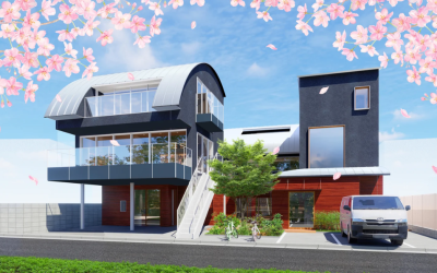 江戸川区の共生型施設「おうちがいいけど…しろひげステイ」の外観イメージ。桜が舞う青空とモダンな建物のデザイン。