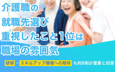 笑顔の高齢者と介護スタッフのぼかし背景に、「介護職の就職先選び 重視したこと1位は職場の雰囲気」と記載された、ニュース記事のアイキャッチ画像。
