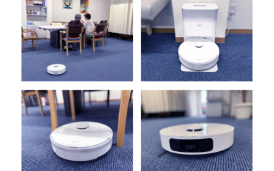 MOVAの白いロボット掃除機が介護施設で稼働している様子を伝える4枚の写真。左上は高齢者が歓談する部屋のカーペットを清掃する様子、右上はベースステーション（充電ドック）に収まっている様子、左下は椅子の下を走行する様子、右下はロボット掃除機の前面センサー部分の近影。