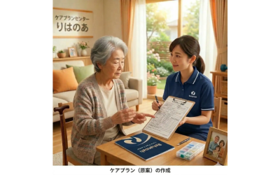 ケアマネジャーが高齢の女性に寄り添い、一緒に「ケアプラン（原案）」を確認している、「ケアプランセンター りはのあ」のアイキャッチ画像。