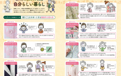 大きめボタンやワンタッチテープなど、シニアの着替えをサポートする7種類の機能的な留め具をイラスト付きで解説したパンフレット画像。