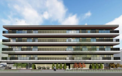 はなことばプラス府中の外観イメージ。青空を背景にした、バルコニーのあるモダンな多層階の建物の完成予想図。