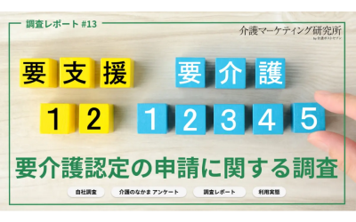 要支援1・2、要介護1から5の積み木が並ぶ背景に、「要介護認定の申請に関する調査」「調査レポート #13」と記載された、介護マーケティング研究所のアイキャッチ画像。
